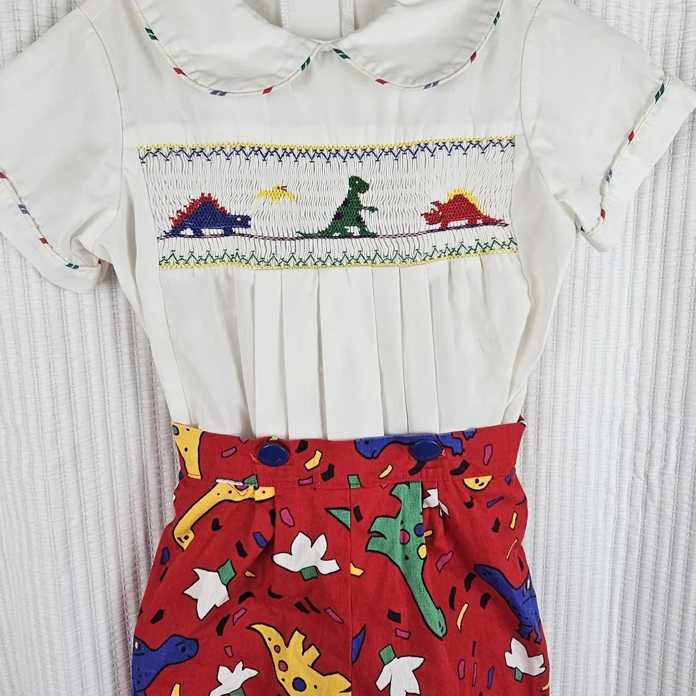 VTG Button-in Smocked‎ Dinosaur 2pc Outfit Colorful Dino Pleated